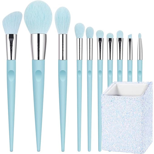 DUcare Makeup Brushes with Holder - 10Pcs Professional Synthetic Make Up Brushes Set for Blush Concealer Foundation Bronzer Powder Eyebrow Contour Eyeshadow Blending Makeup Brush Set, Ice Lake Blue-FemmiqueWomen