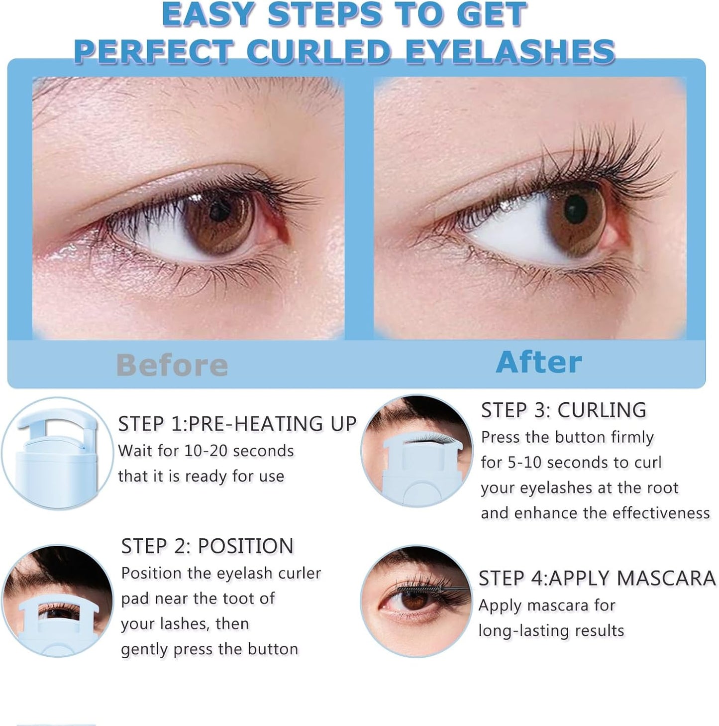 Heated Eyelash Curler - Wide Open Dual-Arc Design Heated Lash Curler - Electric Eyelash Curler - Type-C Rechargeable Mini Lash Curler Natural Curling 24H Long Lasting for Women - Blue-FemmiqueWomen