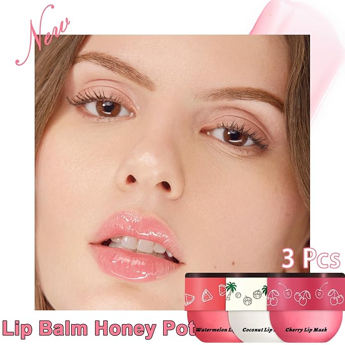 3 PCS Bee Lip Balm Lip Mask Honey Pot, Watermelon & Cherry & Coconut Lip Mask Propolis Moisturizing Lip, Hydrating Prevention Dry and Cracked Lip Scrubs Exfoliator (Watermelon & Cherry & Coconut)-FemmiqueWomen