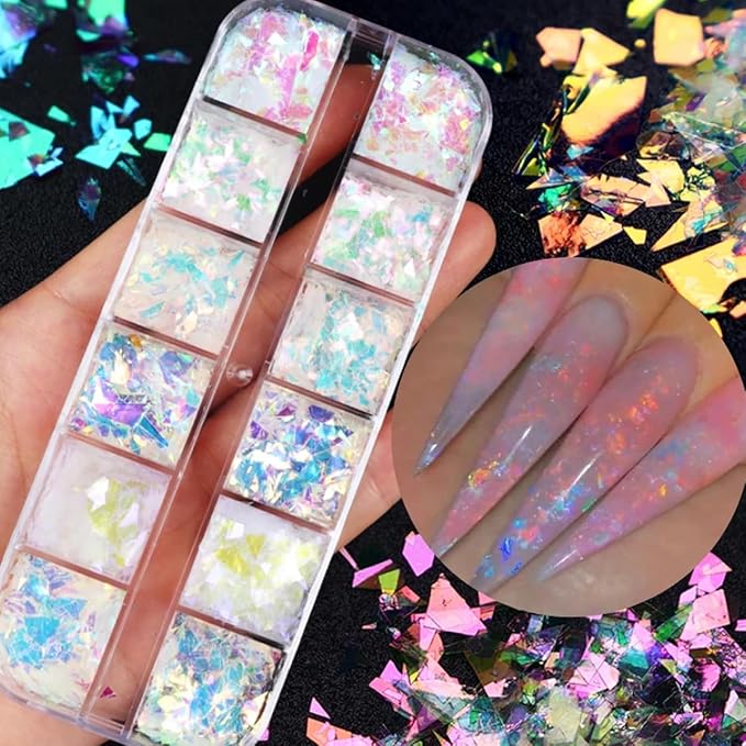 12 Colors Holographic Nail Art Glitter Sequins Aurora Holographic Mermaid Nail Glitter Flash Ice Residue Nail Glitter Sequin Chameleon Flakes Set Fluorescent Glass Paper for Face Body DIY Decoration-FemmiqueWomen