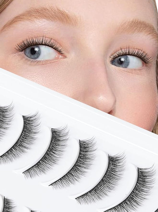 Natural Lashes 7MM Extra Short Eyelashes Natural Cat Eye Lashes 10 Pair False Eyelashes Wispy Eye Lashes Pack C Curl Strip Lashes 3D Volume Short Lashes Siligli Eyelashes-FemmiqueWomen