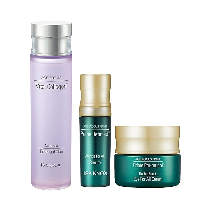 ISA KNOX AGE FOCUS VITAL COLLAGEN Emulsion, PRIME Wrinkle For All Serum & PRIME Eye For All Cream (177 ml/5.99 fl oz) - Korean Skin Care by LG Beauty. Vitamins C, B12 & E.-FemmiqueWomen