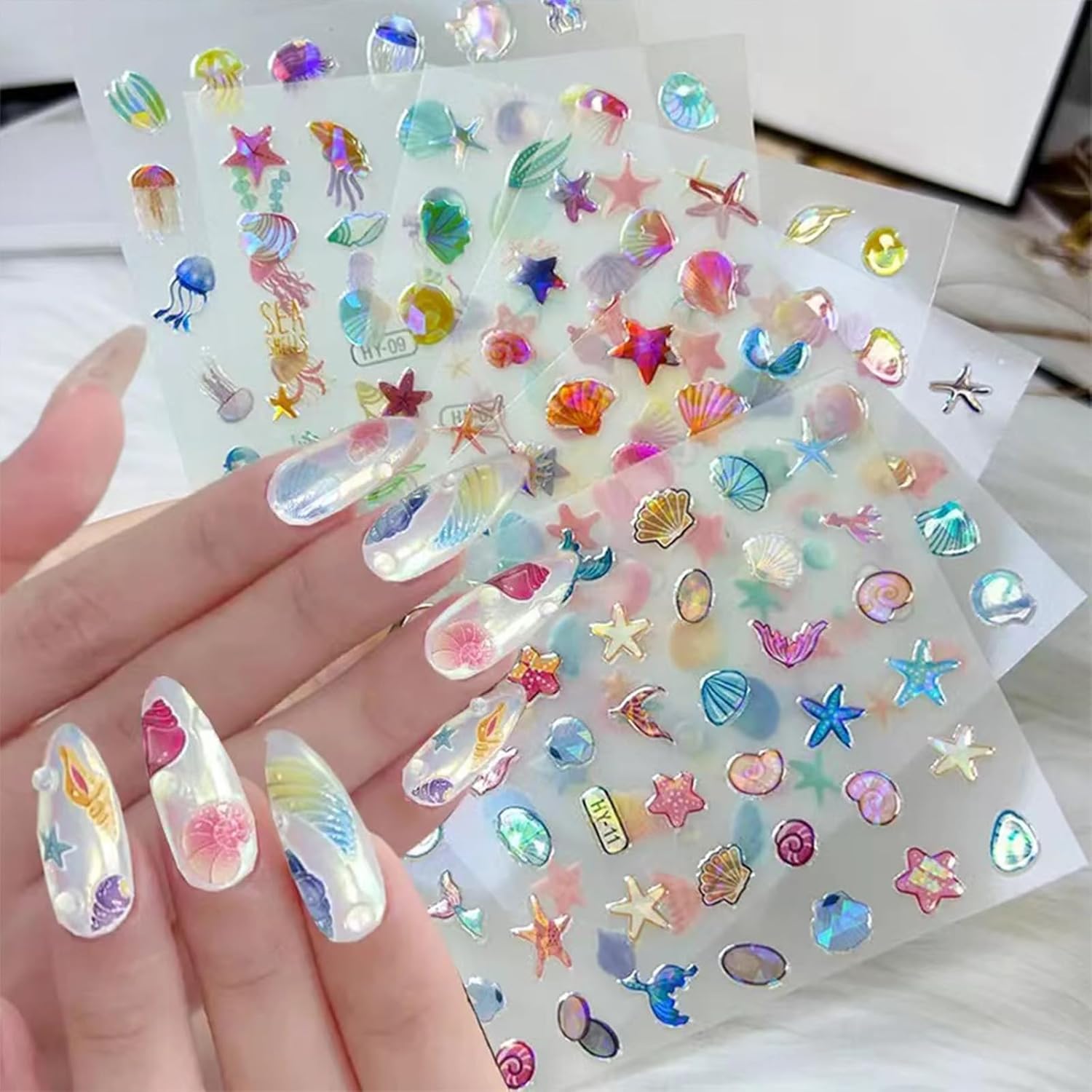 12 Sheets Ocean Nail Stickers Decals Summer Nail Decals for Nail Art 3D Self Adhesive Beach Nail Art Stickers Shellfish Starfish Designs Nail Art Supplies for Women Nail Manicure Decorations-FemmiqueWomen