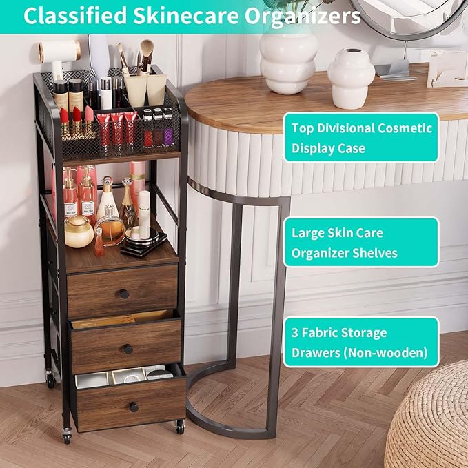 HapiRm Rolling Makeup Cart Organizer - Floor Skincare Make Up Storage with 3 Drawers, Vanity Organizer Cosmetic Display Cases Holder for Skin Care Perfume Nail Polish Brush Hair Tool-FemmiqueWomen