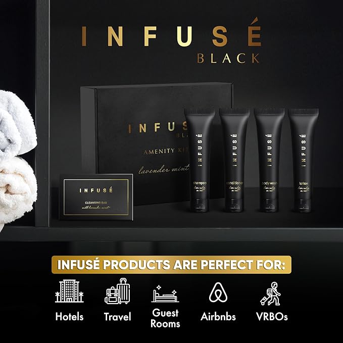 Infuse Black Amenity Kit | Boxed Hotel Toiletries | Bulk Set 1 oz Travel Size Shampoo, Conditioner, Lotion, Body Wash & Cleansing Bar for Guest Hospitality AirBnB/Vacation Rentals | 75 Pieces-FemmiqueWomen