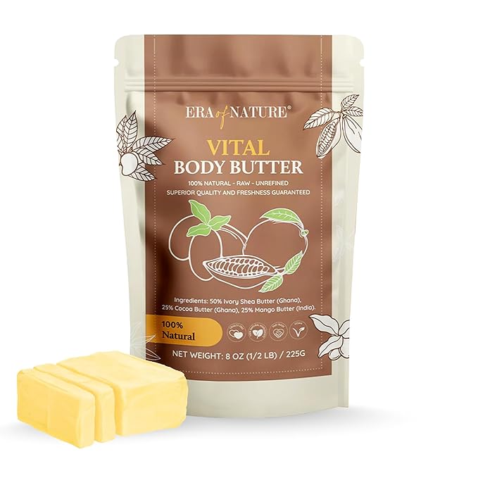 era of nature Organic Shea, Mango & Cocoa Body Butter – Raw, Unrefined, 100% Natural – Perfect Base for DIY Skincare, Body Butters, Lotions, Soaps & Lip Balms – Essential for Homemade Creations – 8oz-FemmiqueWomen