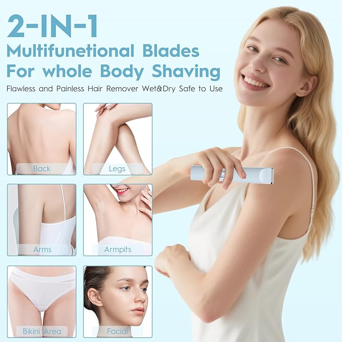 2025 Upgraded Dermave Bikini Shaver - 2 in 1 Bikini Trimmer for Women with LCD Display, Dual Head Cordless Electric Shaver, IPX7 Waterproof Wet/Dry Body Hair Trimmer for Face,Blue-FemmiqueWomen