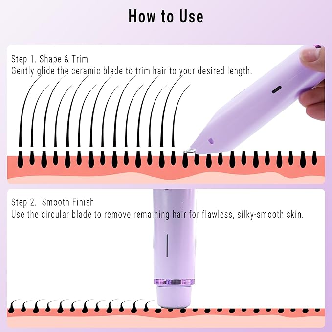 2-in-1 Bikini Trimmer and Shaver Kit for Women, Electric Body Hair Trimmer Facial Hair Removal Cordless Bikini Shaver Razor for Face Lip Chin Pubic Underarm Legs, Purple-FemmiqueWomen