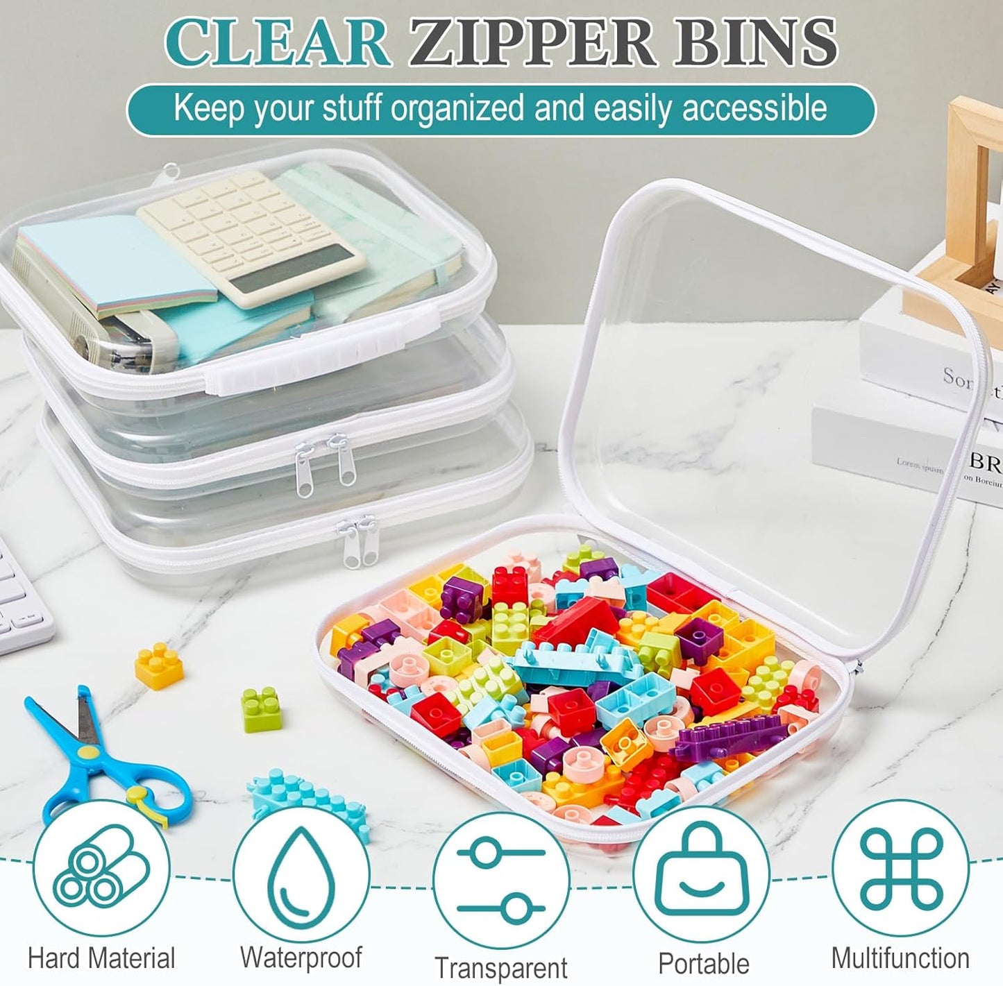 Sanwuta 4 Pcs Clear Hard Zipper Case with Handle Office Storage Cases Hard Plastic Pouches Transparent Bins for Crafts, Pencils, Snacks, Cosmetics, Puzzles(9.8 x 7.9 x 2 Inches,White)-FemmiqueWomen