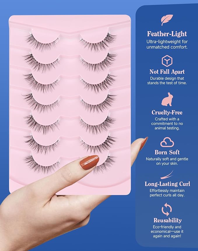 Short Cat Eye Lashes Clear Band False Eyelashes Wispy Natural Look Flared Strip Eyelash Soft Fluffy Lashe Pack 7 Pairs SF-10-FemmiqueWomen