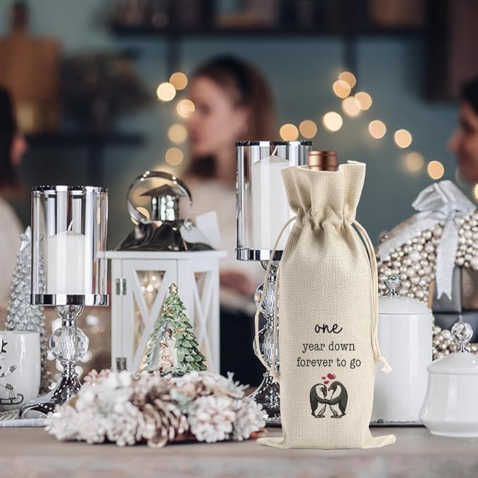 Gifts for First Anniversary for Couple Parents Husband Wife Vow Renewal Gifts One Year Down Forever to Go 1 year Wedding Anniversary Wine Gift Bag