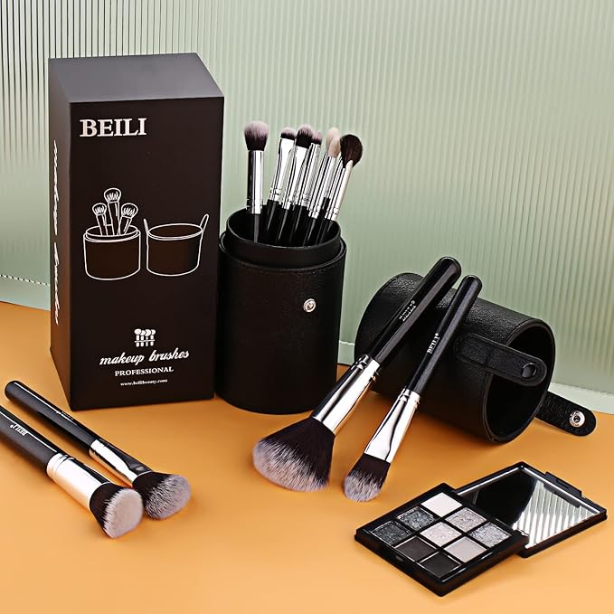BEILI Makeup Brushes 12pcs Makeup Brushes Set with Holder Premium Synthetic Kabuki Foundation Brush Blending Blush Concealer Full Face Makeup Brushes Kit With Gift Box(Black)-FemmiqueWomen