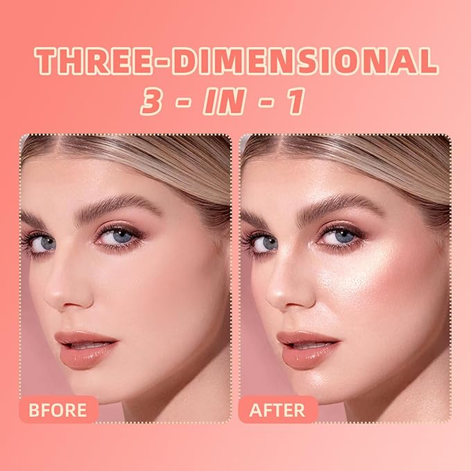 3 in 1 Contour Highlighter Blush Makeup Palette, Shimmer Matte 3 Colors Pigmented Brighten Highlighting Bronzer Blusher Eyeshadow Pallet, Long Lasting Shaping Full Face Eyes Makeup kit with Mirror-FemmiqueWomen