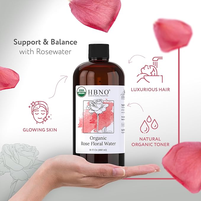HBNO California Bottled Organic Rose Water for Face Huge 16 fl oz (480ml) Value Size - USDA Certified for Face - Pure Rose Water for Hair - Rosewater for Skincare, Haircare-FemmiqueWomen
