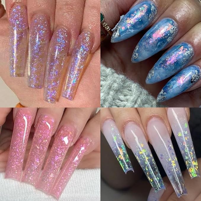 24Grid Aurora Opal Iridescent Nails Mermaid Flake Powder,Holographic Metal Color Gold Silver Confetti Nail Art Foil Paillettes,Irregular Glitter Sparkly Sequin Design for Manicure Decoration-FemmiqueWomen