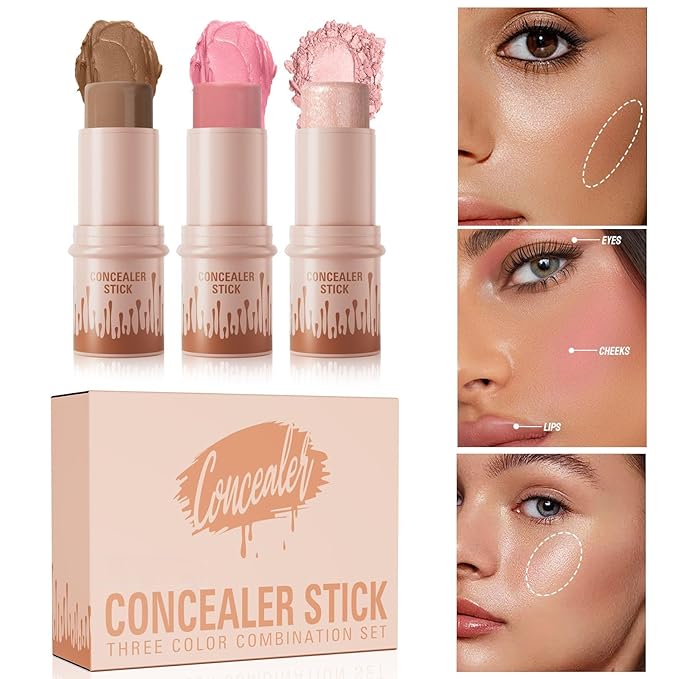 3Pcs Contour Stick Set，3 Colors Contour Stick Makeup Set， Long-Lasting Waterproof Concealer Stick Kit，Cream Blush & Highlighter Bronzer Pen (SET-B)-FemmiqueWomen