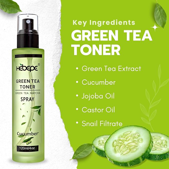 Green Tea Face Mist with Cucumber 4 oz, Matcha Facial Toner Spray Hyaluronic Acid for All Skin, Hydrating Soothing Reduces Redness Cooling After-Sun for Women Men, Alcohol-Free-FemmiqueWomen
