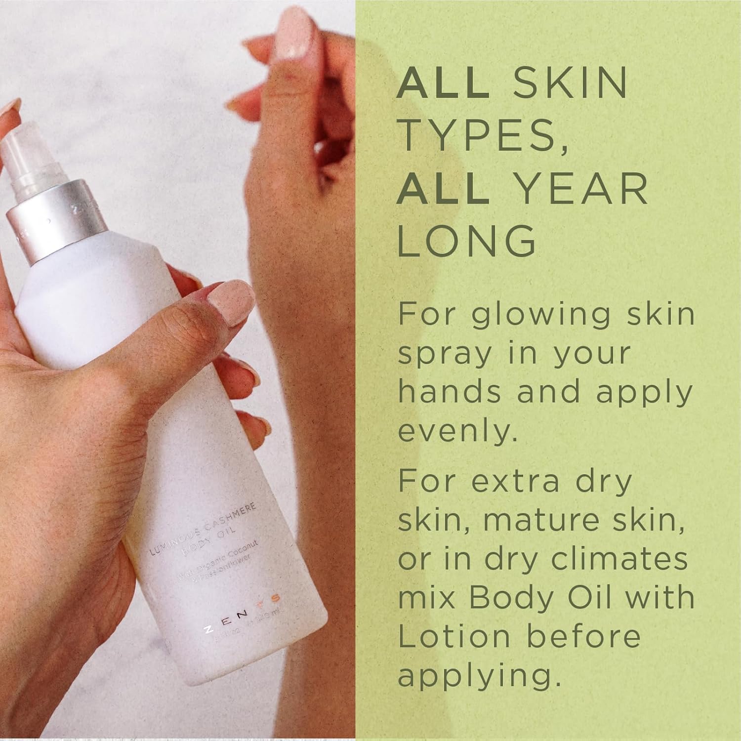 Zents Luminous Cashmere Body Oil (Oolong Fragrance) | Moisturizing Body Oil with Vitamin E & Organic Coconut Oil | Softens & Smooths Skin | 8 fl oz-FemmiqueWomen