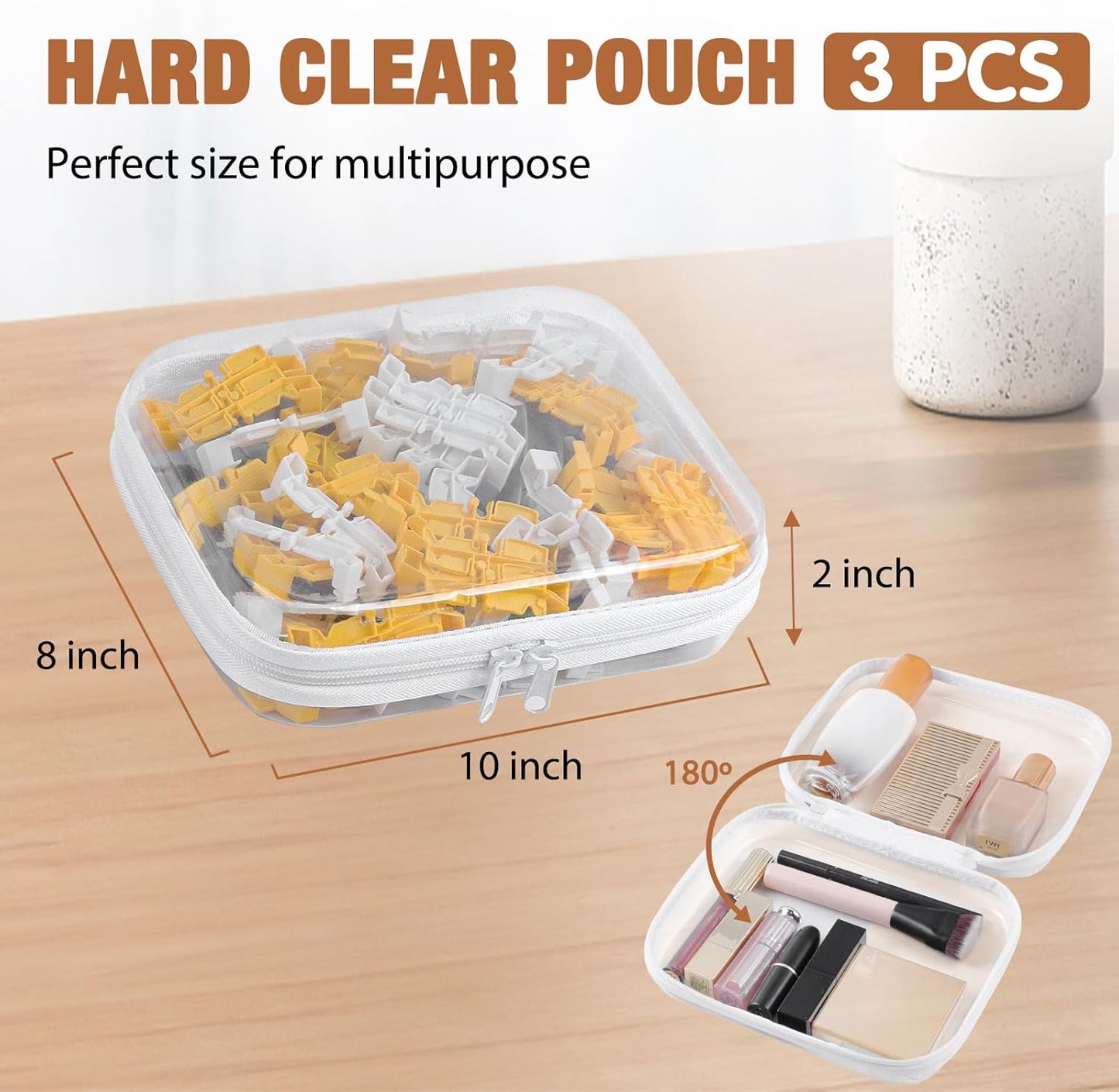 Clear Hard Shell Zipper Case 3 PCS Clear Cosmetic Make up Bag Waterproof Travel Toiletry Bag for Women, Hard Plastic Zipper Pouches Portable Travel Storage Organizer Bins (White, 10"x8"x2")-FemmiqueWomen