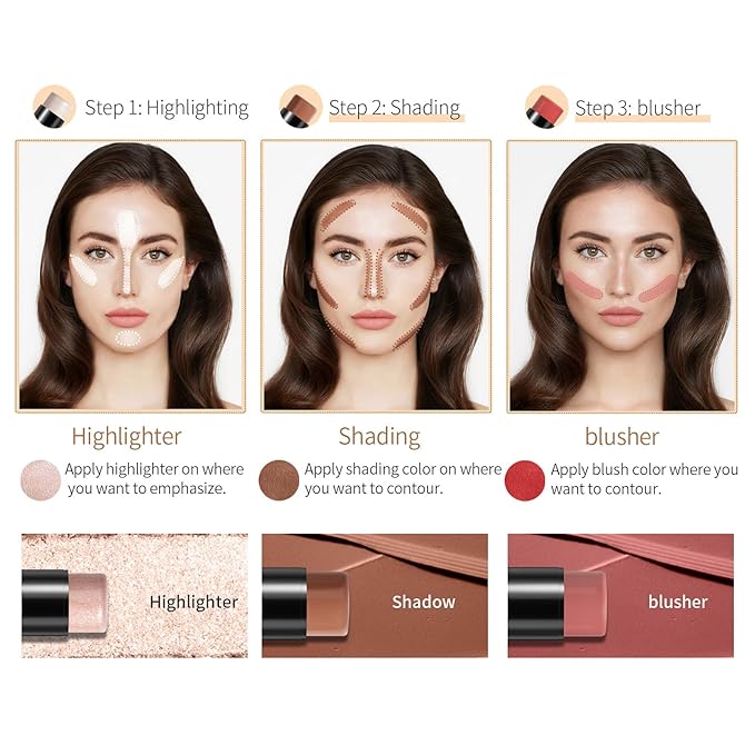 3Pcs Cream Contour Stick, with Highlighter Stick Bronzer Stick Blush Stick, Face Contour Stick Highlighter Makeup with Makeup Brush and Sponge for Sculpt the Cheeks, Long Lasting, Waterproof-FemmiqueWomen