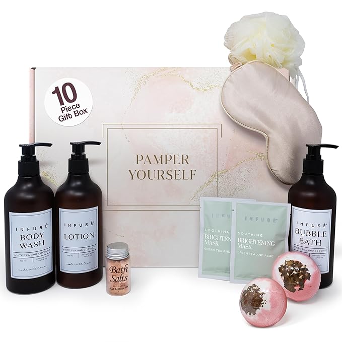 10-Piece Spa Gift Box for Women | Self-Care Set with Eye Mask, Loofa,Bath Bombs,Face Masks,Bubble Bath, Lotion, Body Wash & Bath Salt | Gift for Mom, Grandma, Wife, Bridesmaid or Loved Ones-FemmiqueWomen