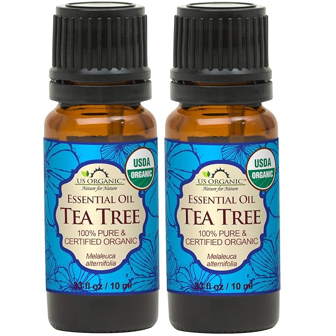 US Organic 100% Pure Tea Tree Essential Oil, Steam Distilled, USDA Certified Organic, for Hair, Skin, Scalp, Foot, Toenails, and More. Sourced from South Africa, Undiluted, Non-GMO (10 ml, 2 Pack)-FemmiqueWomen