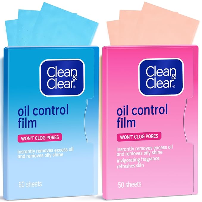 Oil Absorbing Tissues Oil Control Film, Oil Blotting Paper Same Series with Clean & Clear Oil Absorbing Facial Sheets for Oily Skin, 60 sheets Blue + 50 sheets Pink-FemmiqueWomen