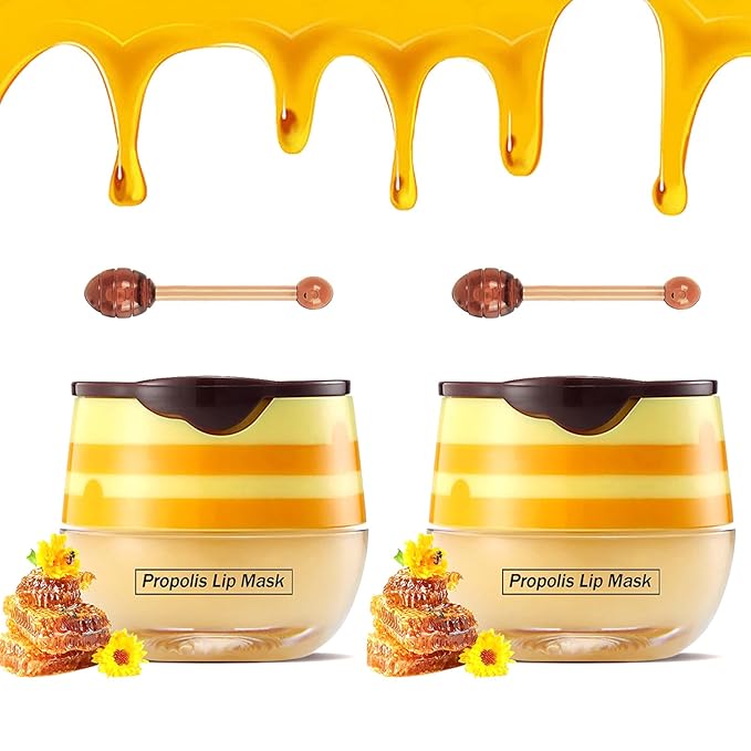 2PCS Bee Lip Balm Honey Pot,Honey Lip Mask Propolis Moisturizing Lip Balm with Stick,Propolis Moisturizing Honey Lip Balm,Hydrating & Prevention Dry and Cracked Lip,Lip Care Skin Care Products-FemmiqueWomen