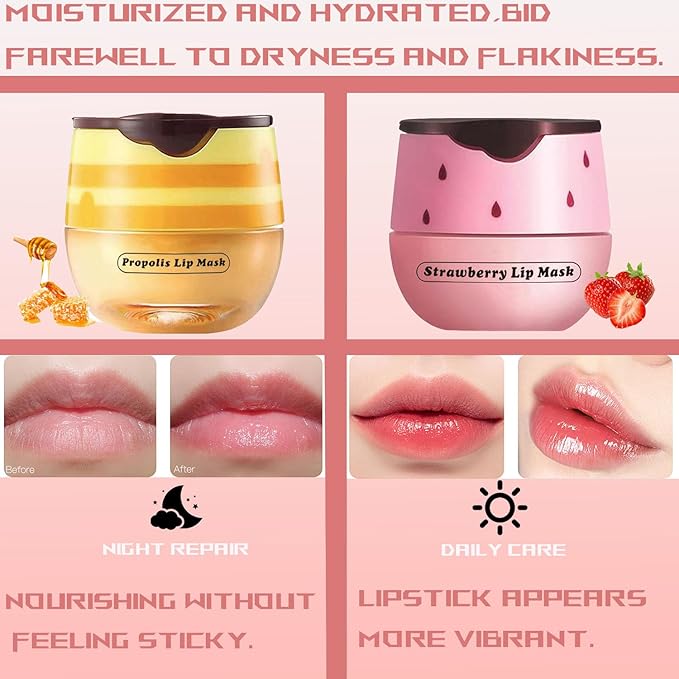 2 PCS Bee Lip Balm Honey Pot, Honey Strawberry Bee Lip Balm Sleeping Lip Mask Overnight with Sticks, Honey Pot Lip Balm Hydrating Exfoliating Prevention Dry and Crack Lip Scrubs-FemmiqueWomen