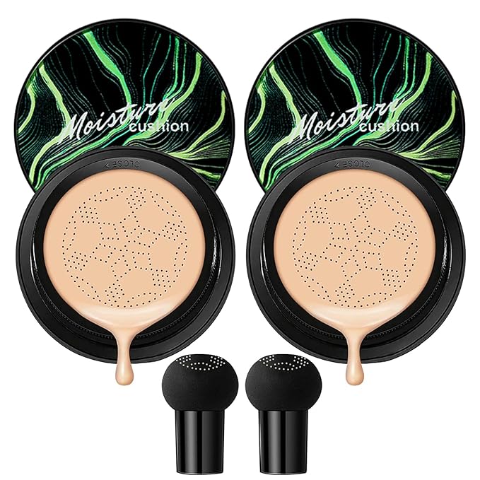 2Pcs Mushroom Head Air Cushion CC Cream, Long Lasting Oil Control BB Cream for All Skin Types, Moisturizing Foundation Face Makeup Set with Foundation Brush （#Natural）-FemmiqueWomen