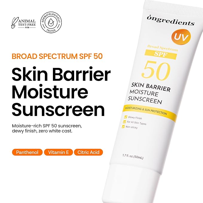 ONGREDIENTS Skin Barrier Moisture Sunscreen Broad Spectrum SPF 50, Glowy Finish, Non-Sticky, No White Cast, Hydrating, Moisturizing, Airy Texture, Korean Skin Care, All Skin Types (1.7 fl. Oz)-FemmiqueWomen