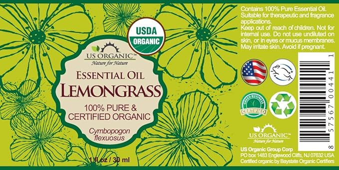 US Organic 100% Pure Lemongrass Essential Oil, USDA Certified Organic, Extracted by Steam Distillation Method, for Hair, Nail Polish Remover, Bees Attraction, and More. 30 ml-FemmiqueWomen