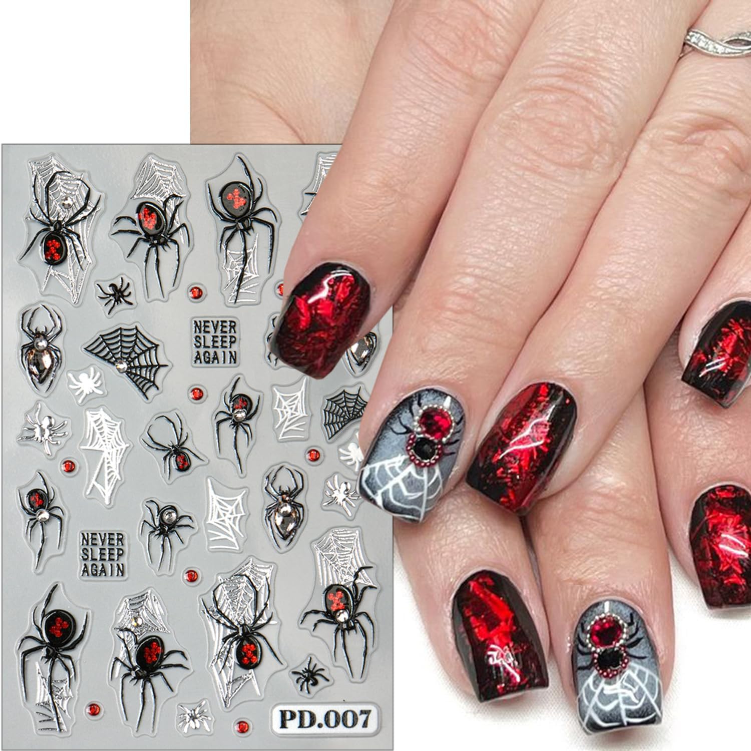 2 Sheets Spider Nail Decals for Nail Art Embossed Halloween Nail Stickers with Rhinestones Designs 5D Horror Spider Nail Art Stickers Self-Adhesive Halloween Holiday Nail Supplies for Women-FemmiqueWomen