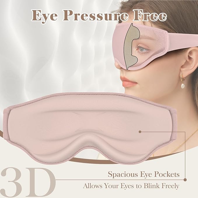 3D Cooling Eye Mask Sleep Mask for Men & Women, 100% Pressure-Free & Light Block-Out Eye Mask for Sleep with Easy Adjustable Strap, Night Eye Cover for Travel, Pink-FemmiqueWomen