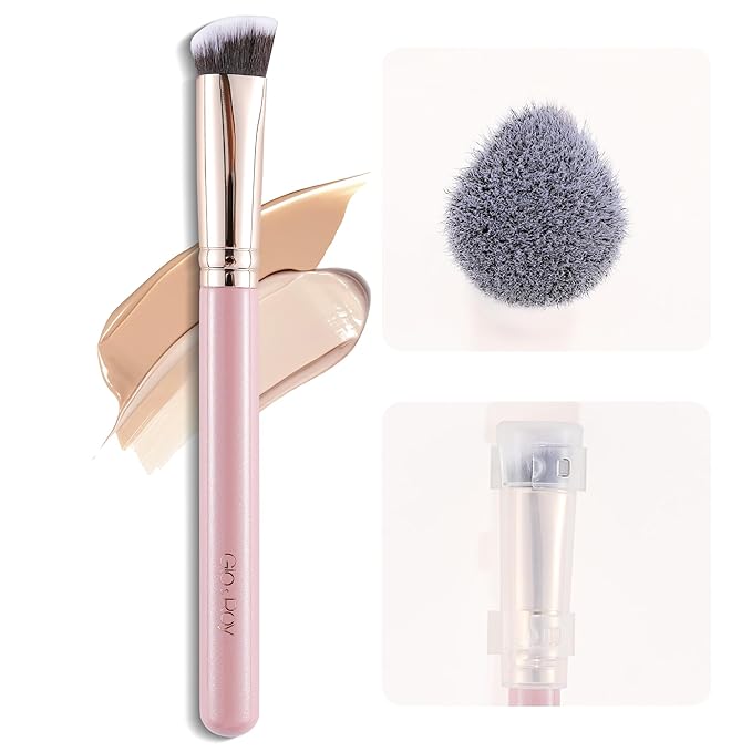 GLO&RAY Angled Concealer Brush with Cap – Flat Top Synthetic Makeup Brush for Under Eye, Spot Coverage, Travel Size Concealer Blending Tool for Liquid & Cream Application (Pink)-FemmiqueWomen