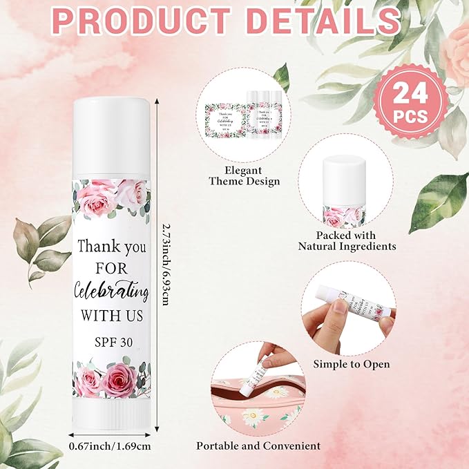 24 Pcs SPF 30 Lip Balm Bulk for Summer Wedding Baby Shower 4th of July Party Sunscreen Lip Balm Sticks Outdoor Travel Sunscreen Care Lip Balm for Thank You Gifts Party Supplies (Floral)-FemmiqueWomen