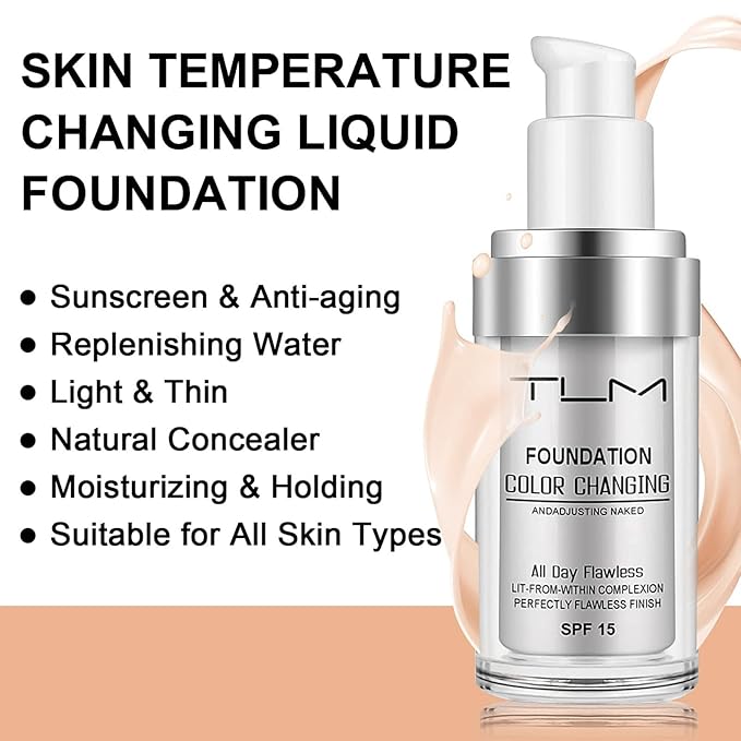 2 PACK TLM Color Changing Foundation Liquid Base,TLM Concealer Cover Cream,All Day Flawless Warm Skin Tone BB Cream Makeup Base Concealer for All Skin SPF15-FemmiqueWomen