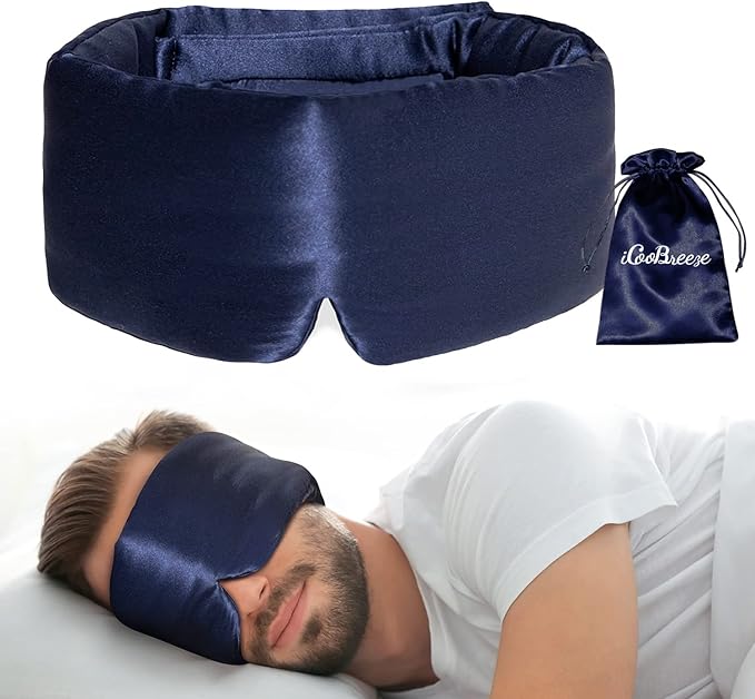 100% Natural Silk Eye Mask for Women Men, Soft Pressureless Cooling Blackout Eye Covers for Sleeping, Large Size Sleep Mask fits All Heads Adjustable, 1PC, Navy Blue-FemmiqueWomen