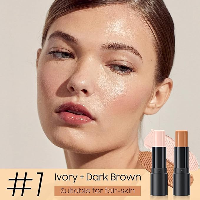 2023 Upgrade Contour Stick, 2 Colors Double-end Contour Highlighter Stick Contour Stick Face Highlighter Contour Makeup Contouring Sticks Cream Concealer (Ivory, Dark Brown)-FemmiqueWomen