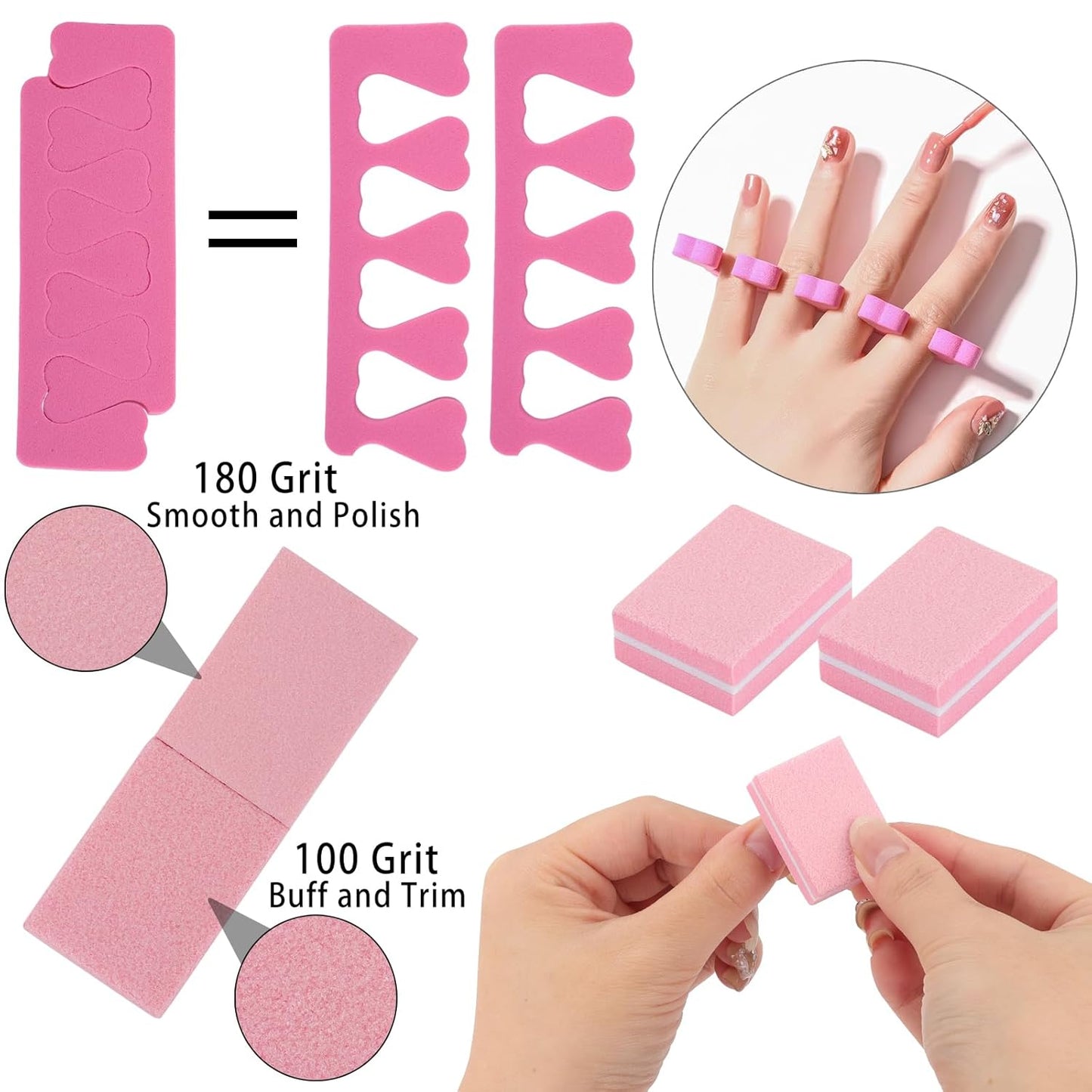 102pcs Toe Separators Set - Premium Pedicure Tool 52Pcs Super Soft Pedicure Toe Separator- 50Pcs Mini Nail Buffer Block File 80/100 Grit 2 Sided-FemmiqueWomen