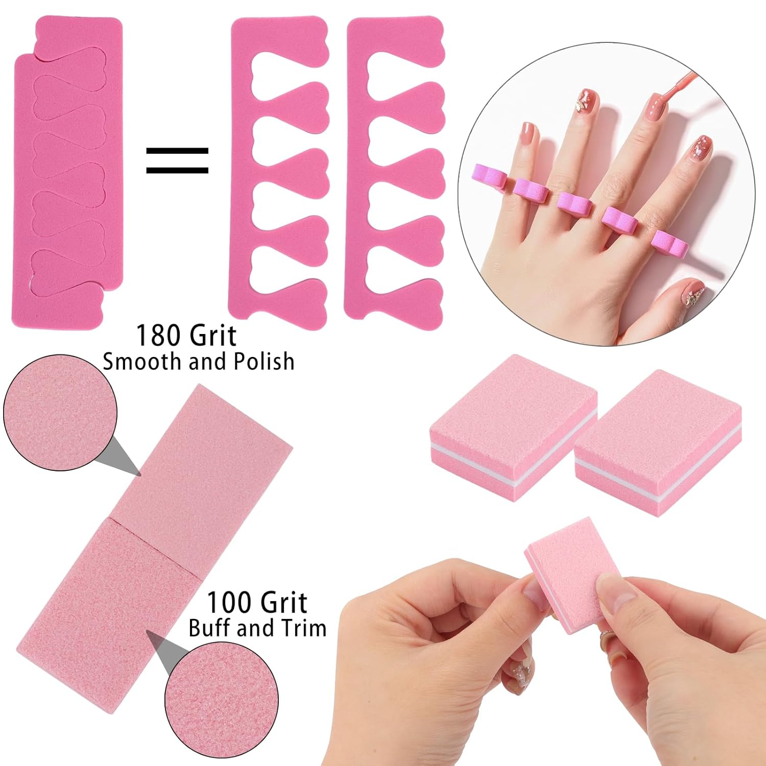 102pcs Toe Separators Set - Premium Pedicure Tool 52Pcs Super Soft Pedicure Toe Separator- 50Pcs Mini Nail Buffer Block File 80/100 Grit 2 Sided-FemmiqueWomen