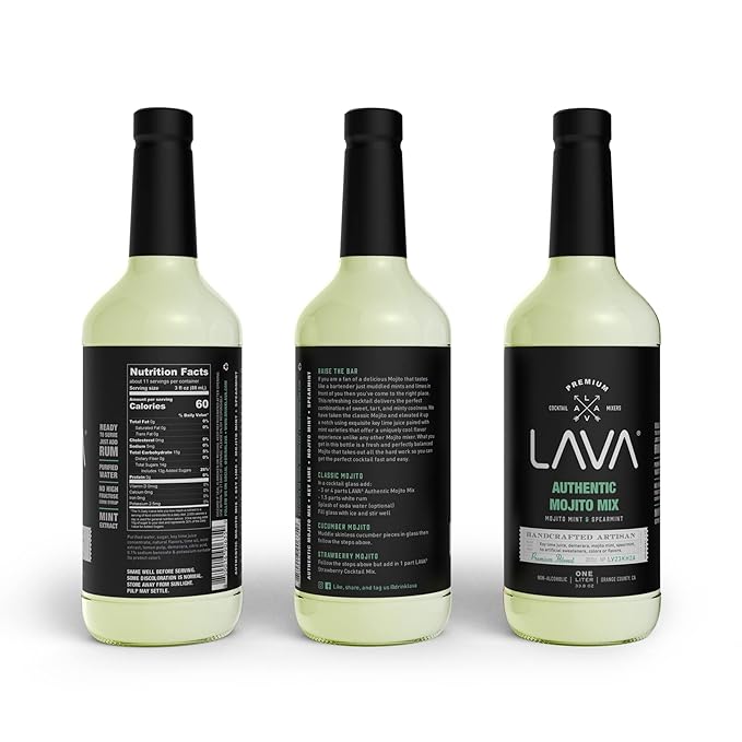 (3 Pack) LAVA Premium Authentic Mojito Mix, Made with Real Lime Juice, Mojito Mint, Spearmint, Demerara, Cane Sugar, Refreshing Rum Mojito Mixer. Ready to Use. 1-Liter (33.8oz) Glass Bottle-FemmiqueWomen