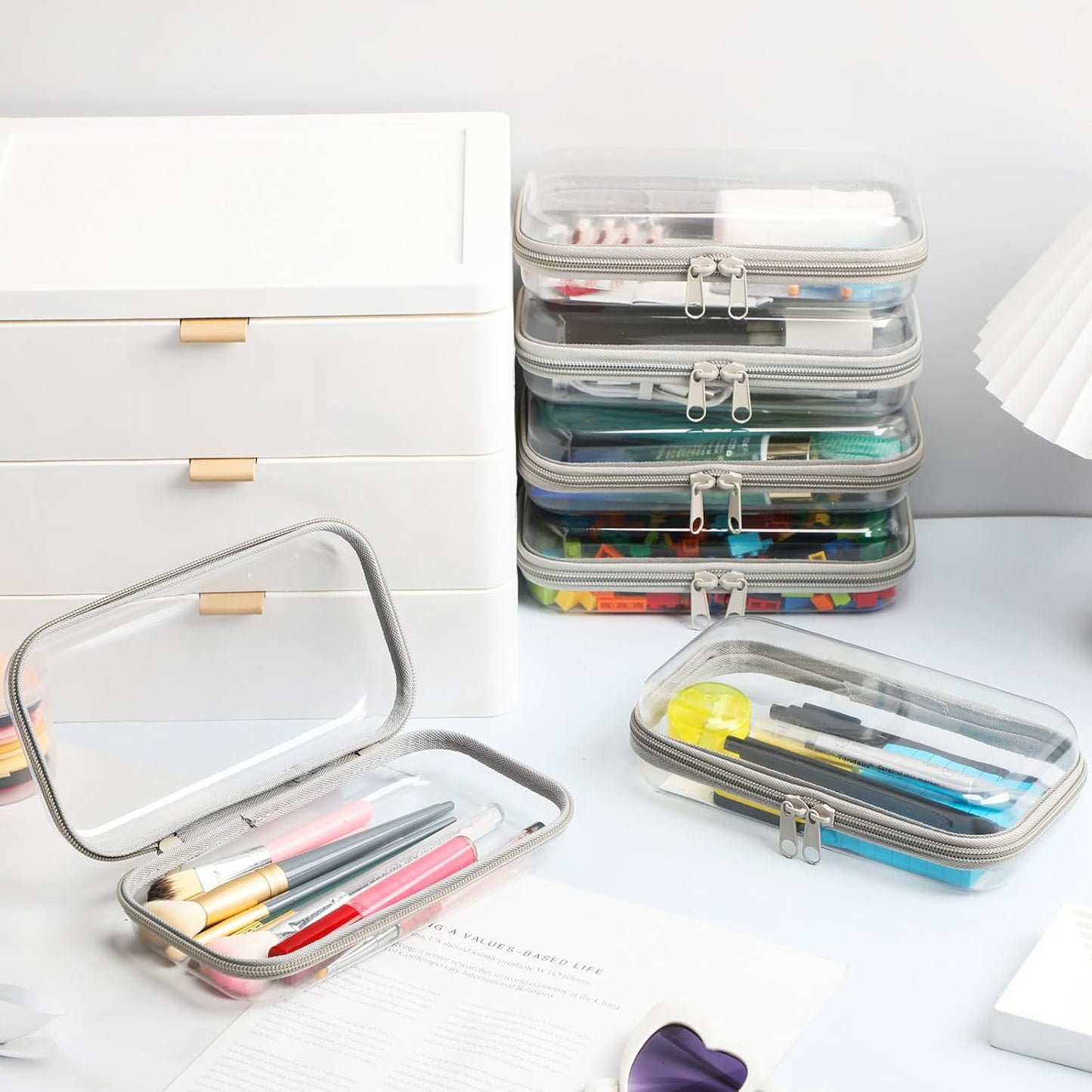 Sanwuta 6 Pcs Clear Hard Zipper Case Pencil Pouches Hard Plastic Zipper Pouches Makeup Bag Transparent Cases for Snacks Plastic Storage Organizer Box for Travel(Gray,7.48 x 3.94 x 2 Inch)-FemmiqueWomen