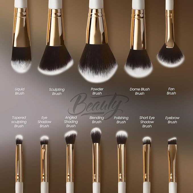 Makeup Brushes Set 12 Piece Professional & Beginner Friendly, Soft Synthetic Bristles for Face Eyeshadow Blending, Easy to Clean Travel Ready with Case, Ergonomic Wooden Handle Hypoallergenic (White)-FemmiqueWomen
