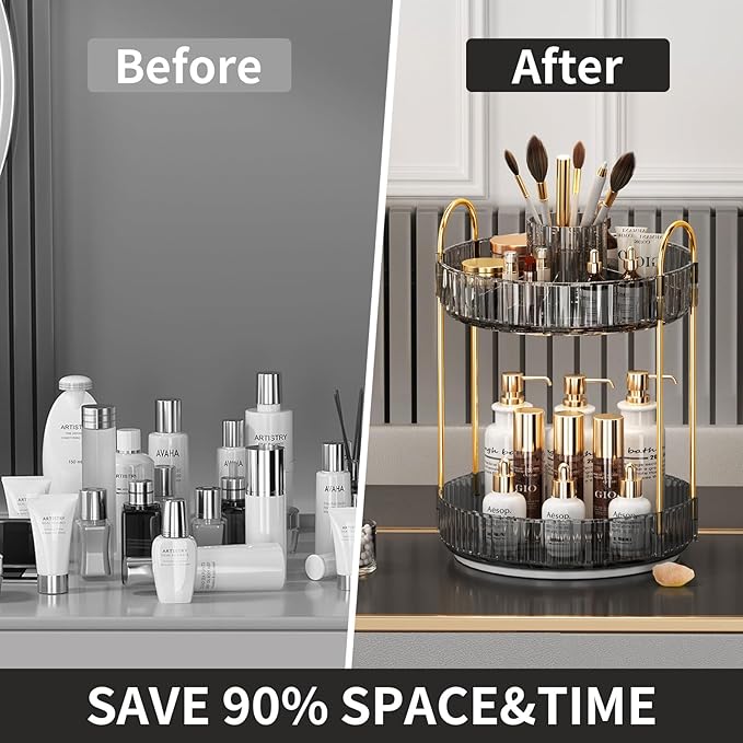 360° Rotating Makeup Organizer, Large-Capacity Skincare Make Up Storage 2 Tier Perfume Organizers Cosmetic Dresser Organizer with Makeup Brush Holder, Fits Bedroom, Bathroom, Vanity Shelf Countertop-FemmiqueWomen