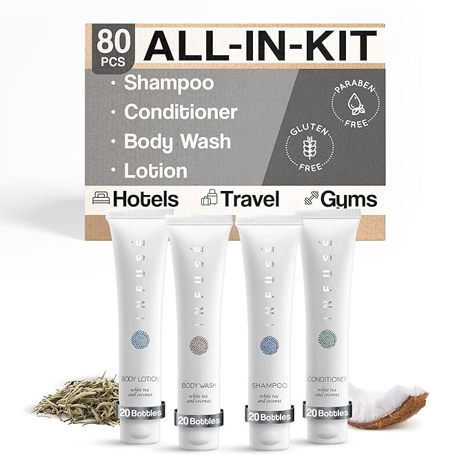 Infuse White Tea & Coconut Hotel Toiletries Bulk Set | 1-Shoppe Amenities Kit | 1oz Shampoo & Conditioner, Body Wash, Lotion | Travel Size | 80 Pieces-FemmiqueWomen
