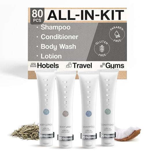 Infuse White Tea & Coconut Hotel Toiletries Bulk Set | 1-Shoppe Amenities Kit | 1oz Shampoo & Conditioner, Body Wash, Lotion | Travel Size | 80 Pieces-FemmiqueWomen