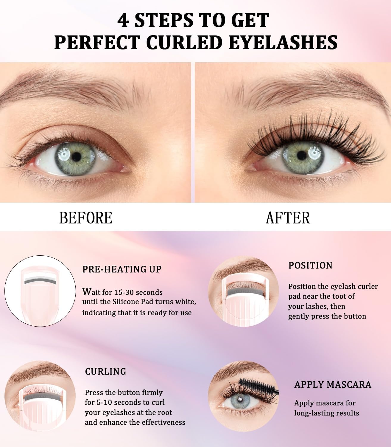 Heated Eyelash Curler Premium PRO - Fast Heat up in 8s - 24 Hours Long Lasting - Rechargeable Electric Eyelash Curler with Type-C, Innovative L Silicone, 2 Heat Modes, Anti-Burn Eyelid, Pink-DB-FemmiqueWomen