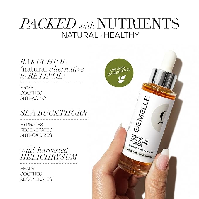 GEMELLE Lymphatic Anti-Aging Face Oil | 10x Award winner | Vitamin C,E & A | Moisturize, Repair & Protect | Bakuchiol, Sea Buckthorn & More! | Organic, Natural, Clean Beauty | Starter, Travel 15ml-FemmiqueWomen