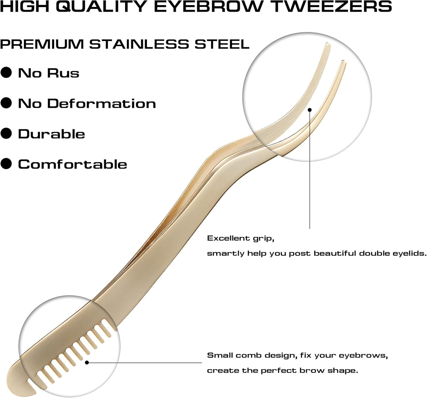2 in 1 Lash Tweezer with Comb, Eyelash Extension, Stainless Steel Elbow Tweezers, Precise Eyebrow Tweezers Tool, Lashes Tweezer Applicator for DIY Applying False Eyelashes Clusters, Gold-FemmiqueWomen